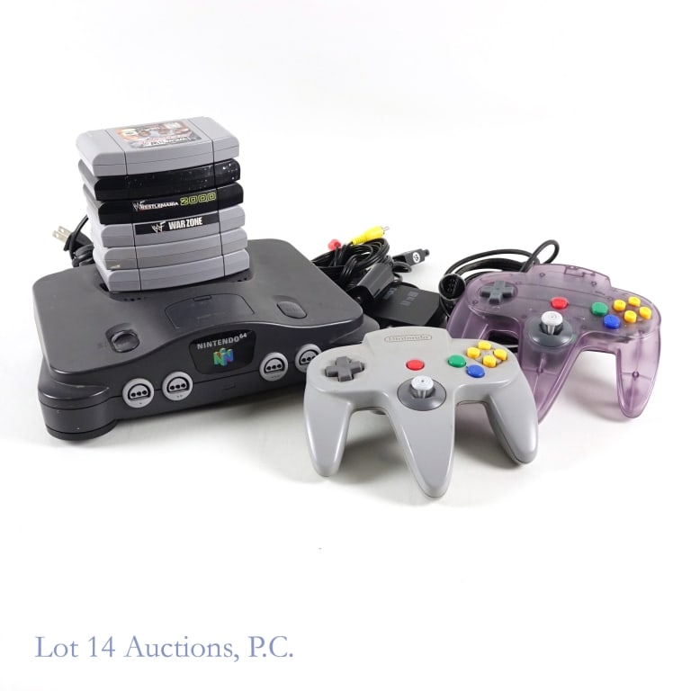 Nintendo N64 Console with Accessories & Games (6): Nintendo N64 console Tested and working per consigner. One original controller, one aftermarket controller, power adapter, video cable and (6) games - Hardcore ECW Revolution, WCW Vs, NWO World Tour, 