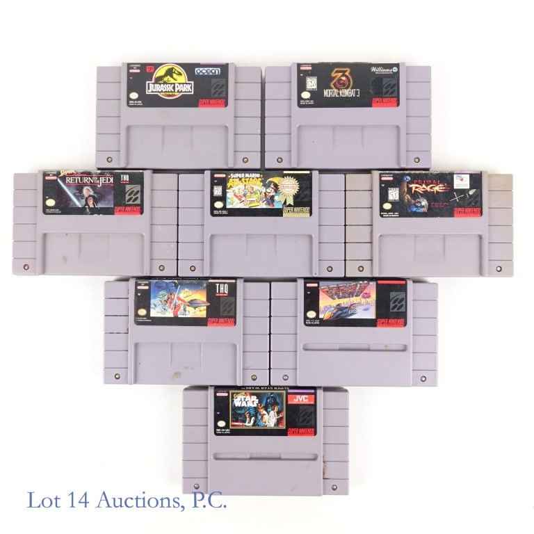 Super Nintendo SNES Games (8): 8 Super Nintendo SNES games, cartridges only - Super Star Wars, F-Zero, Super Mario All Stars, Mortal Kombat 3, Super Empire Strikes Back, Primal Rage, Super Return Of The Jedi and Jurassic Park.
