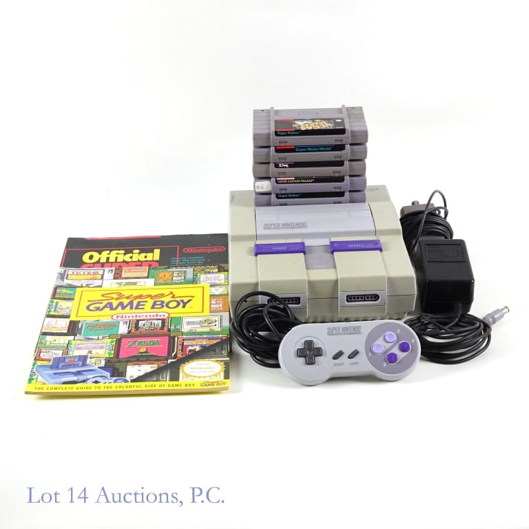 Super Nintendo SNES Console, Guides, Games (5): Super Nintendo SNES console, Tested and working per consigner. Original controller, power adapter, video cable, Official Super NES Game Guide, Super Game Boy Guide and (5) games (cartridges only) - Ve