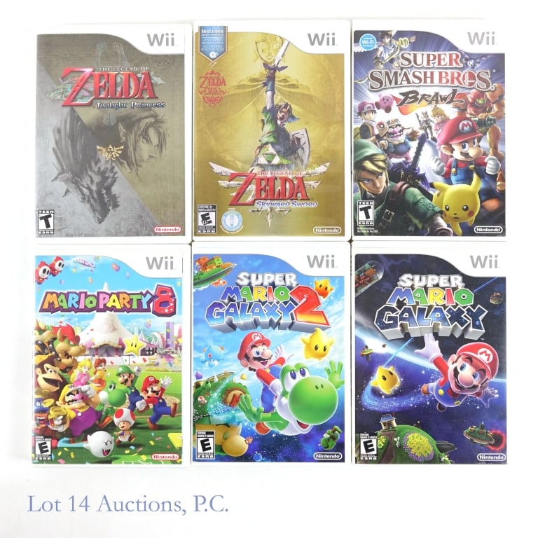 Nintendo Wii Games Mario, Zelda (6): (6) Nintendo Wii games in original cases with booklets - Super Mario Galaxy, Super Mario Galaxy 2, Mario Party 8, Super Smash Bros. Brawl, The Legend Of Zelda Skyward Sward and The Legend Of Zelda Twi