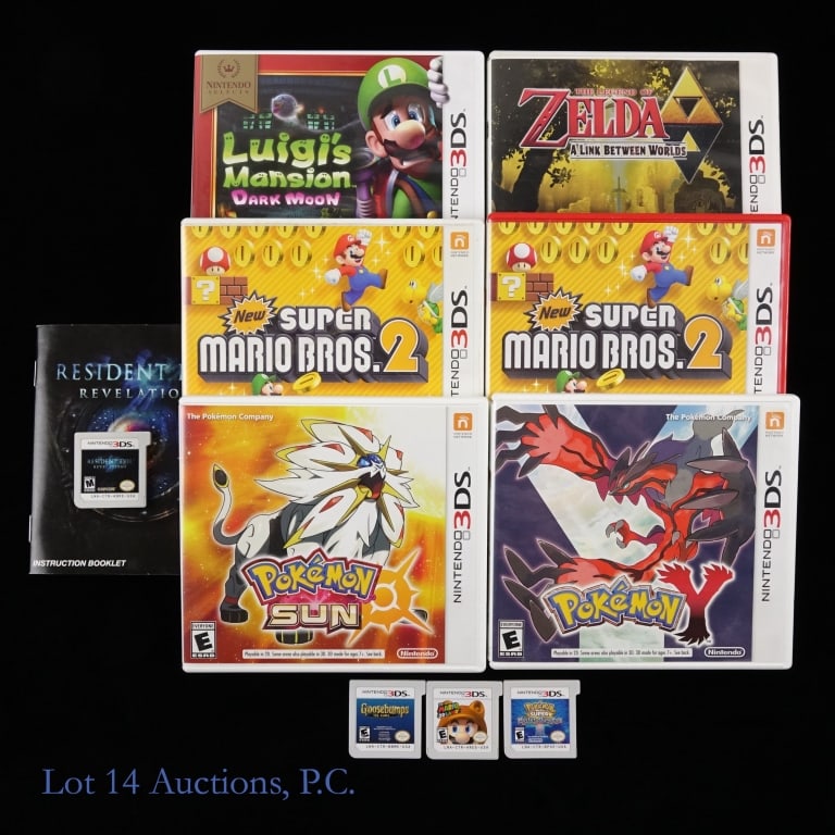 Nintendo 3DS Games Mario Zelda Pokemon (10): 6 Nintendo 3DS games in original cases - 2 copies of New Super Mario Bros. 2, The Legend Of Zelda: A Link Between Worlds, Pokemon Y, Luigi's Mansion: Dark Moon and Pokemon Sun; 4 Nintendo DS games car
