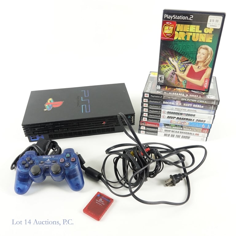 PlayStation 2 PS2 Console, Games (10), Accessories: Sony PlayStation 2 PS2 console, 1 original controller, power cord, video cable and 8MB memory card. Tested and working per consigner. Lot also includes 10 games in original cases: Splinter Cell Pandor