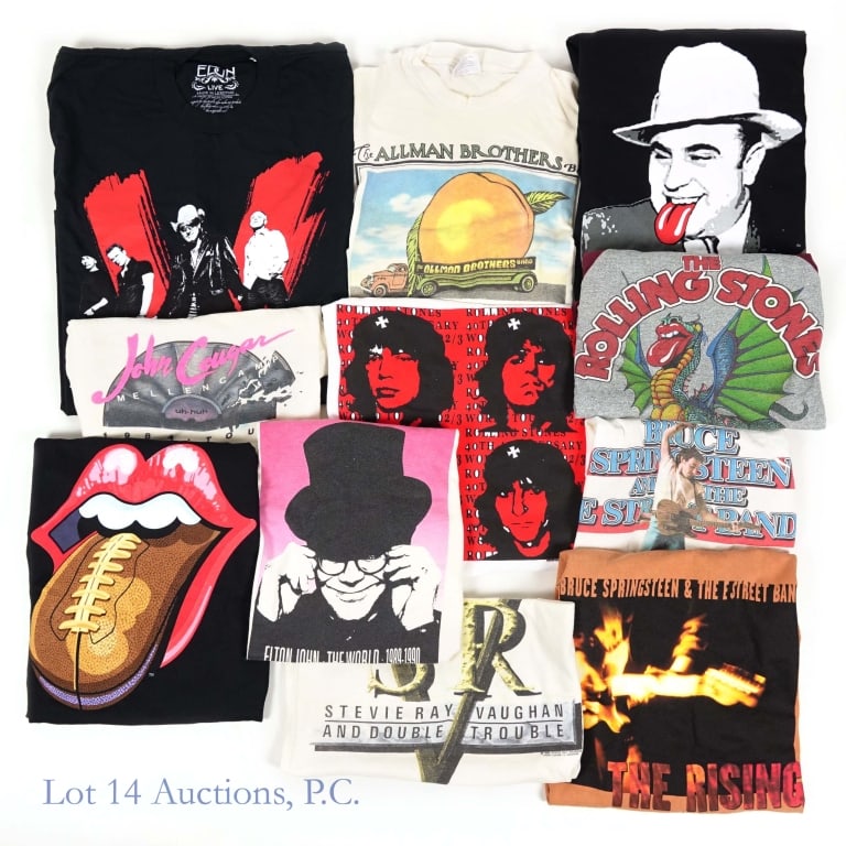 Rock & Roll Tour Tshirts (Stones & More) (11): All 11 shirts have been folded. U2 Vertigo 2005 - black - size L. ***** John Cougar Mellencamp Uh-Huh 1984 - white sleeveless - size M. Some staining. ***** Stevie Ray Vaughan and Double Trouble In St