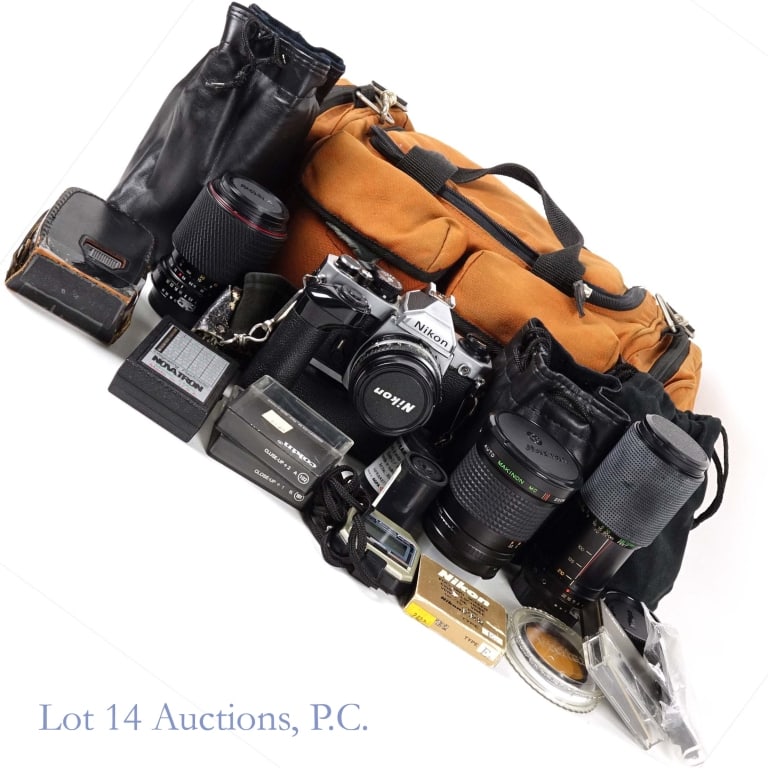 Nikon FM2 Camera, Lenses, Filters, Light Meter: Nikon FM2 film camera with MD12 motor winder, 50mm, 1:1.8 Nikon lens, 70-210mm Tokina lens, 70-210mm Vivitar lens, 28-80mm Makinon lens, Gossen Luna - Pro light meter, Novatron flash meter and various