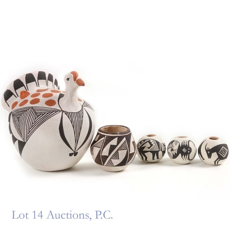 Acoma Pottery Thomas Natseway, Vera & Marie Chino: 5 pieces of Native American pottery. 3 miniatures by Thomas Natseway approximately 1.5" in diameter, turkey by Marie Z. Chino approximately 4.5" tall and a miniature by Vera Chino approximately 2" tal