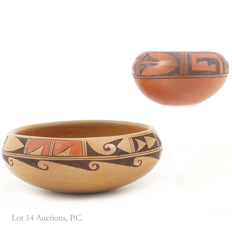 Native American Hopi Pottery Polacca, Tungovia (2): 2 Native American Hopi bowls: Larger bowl signed Bertha Tungovia Tewa at the bottom, approximately 3" tall and 7.5" diameter, Smaller bowl signed Anita Polacca, approximately 2.5" tall and 4.5" dimete