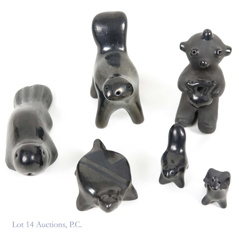 Native American Black Pottery Animal Figures (6): Lot includes 6 Santa Clara black pottery figures: 3 animal figures by Dorthy Gutierrez, measuring approximately 1" x 1.25", 1.5" x 1.25" and 3.5" x 2.5", mud head by Dorthy Guttierez measuring approxi