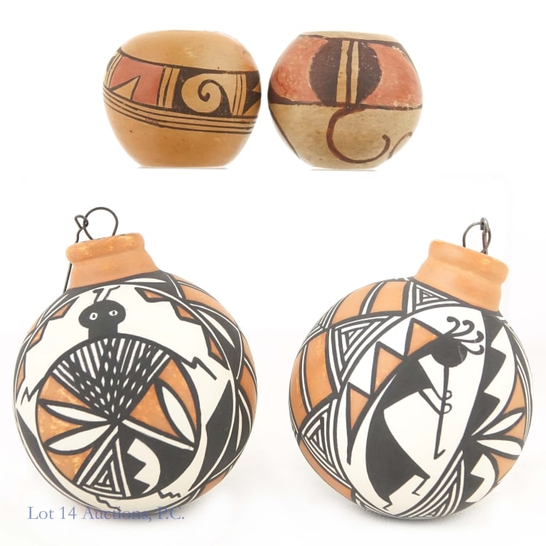 Native American Pottery Lot Lucario, Tungovia (4): Lot includes 4 pieces of Native American pottery: 2 ornaments by C. Lucario Acoma approximately 3" tall, pot by Bertha Tungovia Tewa approximately 1.5" tall, 2" diameter and a pot approximately 1.5" t