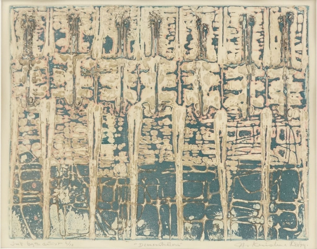 Krishna Reddy "Demonstrators" Print: Print by Indian artist Krishna Reddy (1925-2018) of his piece "Demonstrators". The title is written beneath the print, along with the phrase "Imp. by the artist 6/10". It is signed in pencil in the bo