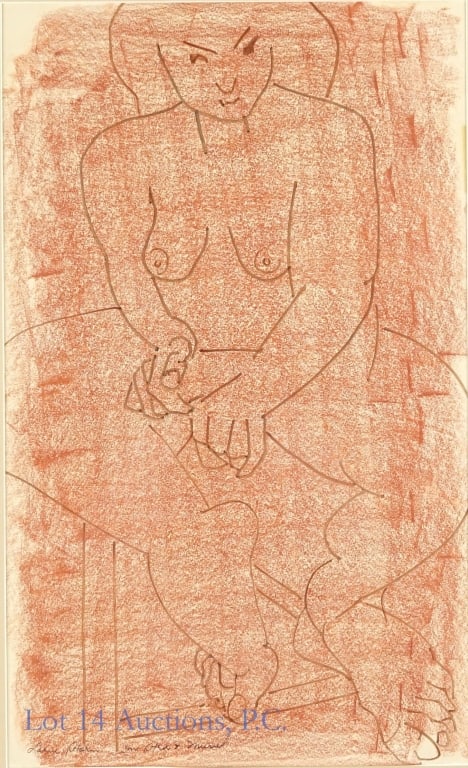 Pastel and Marker Drawing Signed: Unique drawing with red pastel as the background and brown marker as the subject, depicting a seated nude woman. It is signed in the bottom left, but we haven't been able to read it -- look at the pic