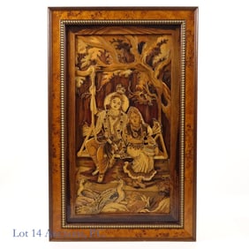 Framed Wooden Relief with Radha and Krishna