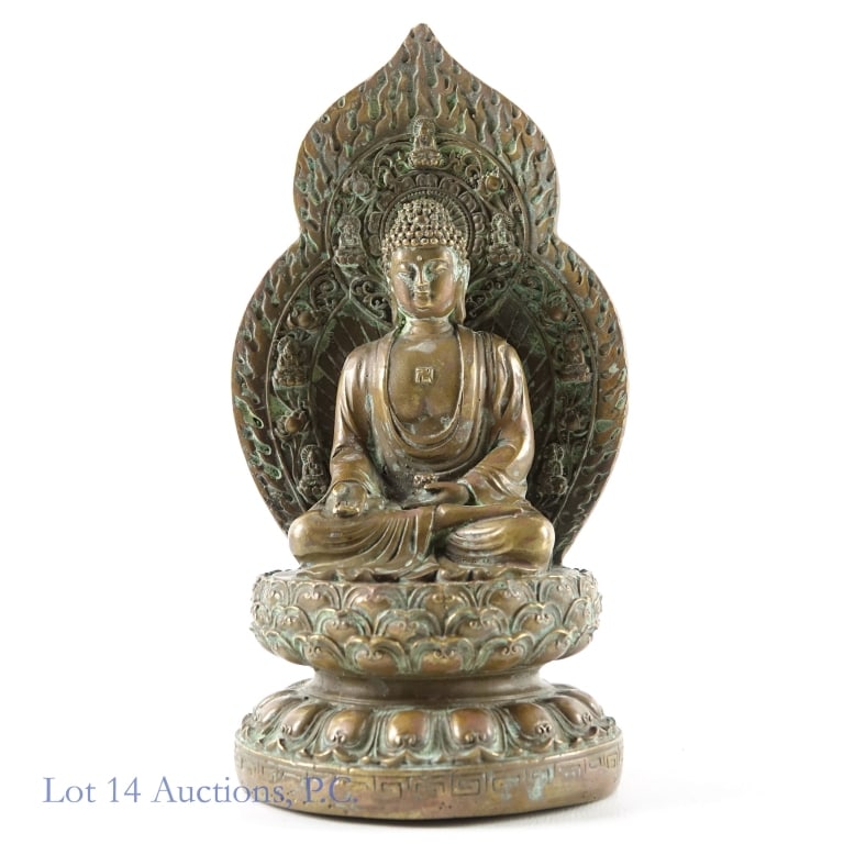 Bronze Buddha Statue, 7.25": Bronze statue of Buddha in a praying position. See photos for details. Measures approximately 3.5" X 7.25". Weighs approximately 2lbs.