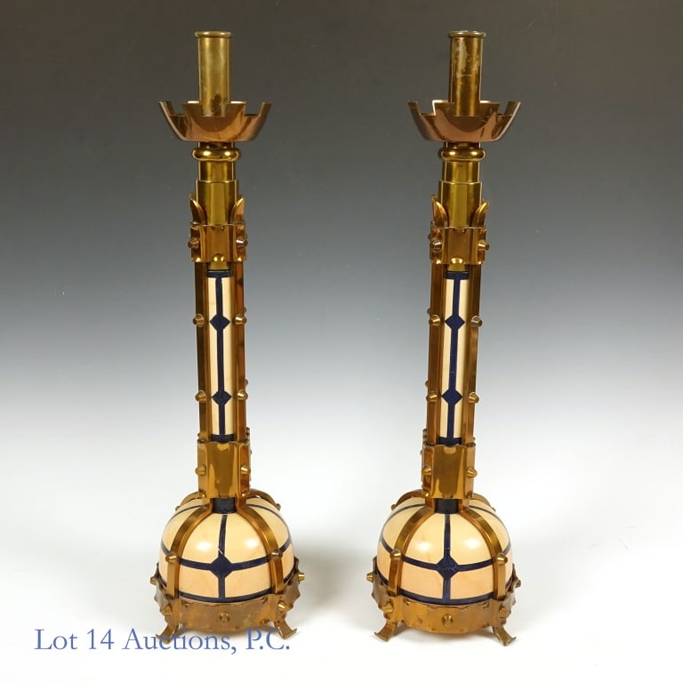German Art Deco 25" Tall Candlesticks (2): Large German (per consigner) midcentury/art deco candlesticks. Appear to be hand painted inside brass hardware. Approximately 25" tall, base has a diameter of 6.5". Some chips and scuffs, especially n