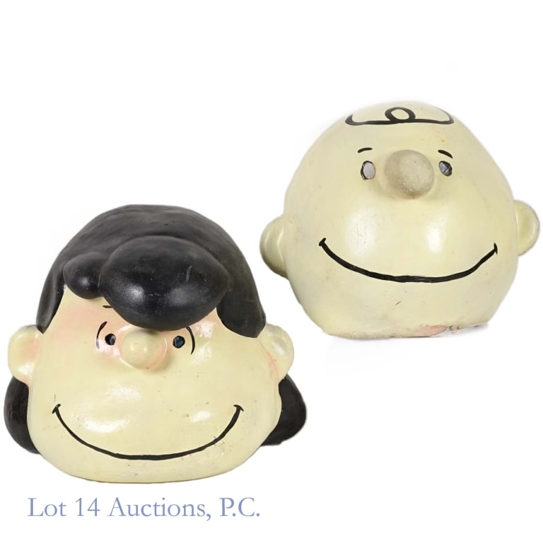 Illusive Concepts Charlie Brown Lucy Vintage Masks: 2 Vintage Illusive Concepts Peanuts masks. Charlie Brown mask is marked "IC428: Charlie Brown 1950, 1966 United Feature Syndicate Inc. Illusive Concepts Inc Made in Mexico" behind the right ear. Appro