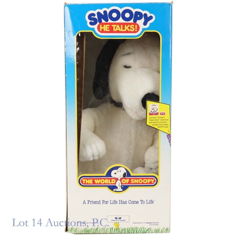 1986 Vintage The World Of Snoopy Talking Plushie: Vintage 1986 The World Of Snoopy He Talks! plushie stuffed doll in original box. Includes storybook and special animation cassette that makes Snoopy talk. Box shows some wear, tears and creases but is
