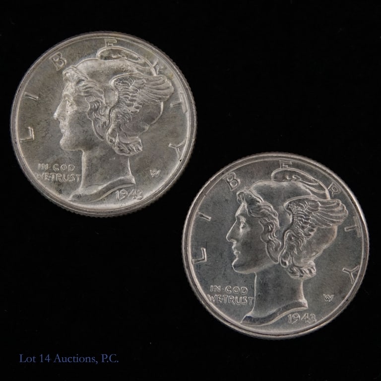 1943 (P) USA 90%-Silver Mercury Dimes FSB (2): Two (2) United States silver Mercury dimes. Metal is 90% silver (confirmed on our electronic tester). Per consigner, both coins have FSB and they were put away by the parents' of the 82 year old consi