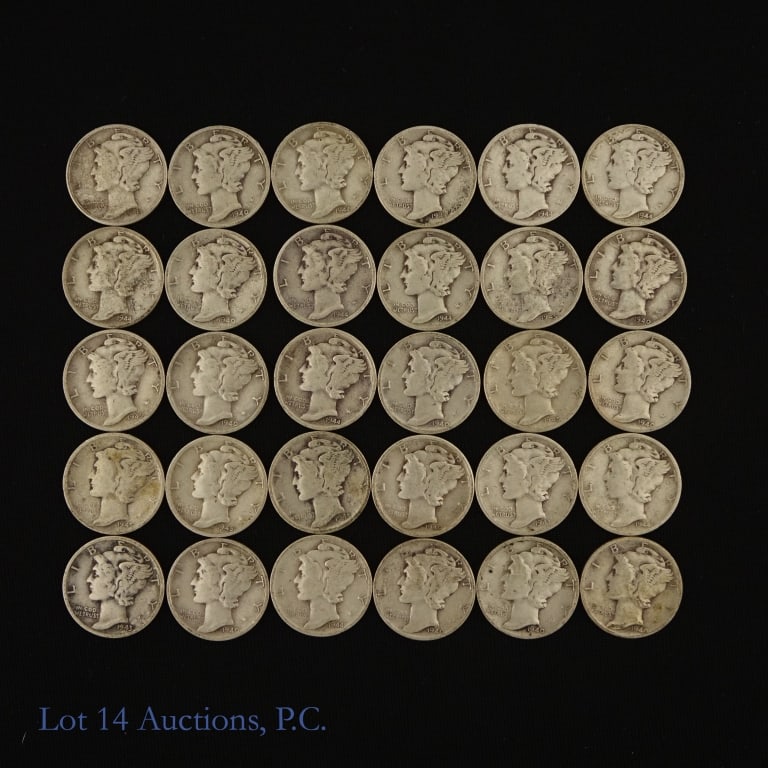 USA 90%-Silver Mercury Dimes (30): Thirty (30) United States 90%-silver Mercury dimes. ASW estimate is 2.1 ozt. *** Lot 14 Auctions is not a professional numismatic grading agency. Consigner descriptions are provided as a courtesy to b