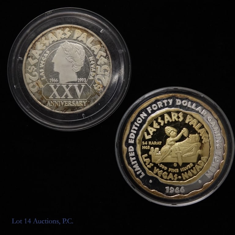 USA Fine Silver Caesars Palace Gaming Tokens (2): Two (2) United States 99.9%-silver Caesars Palace gaming tokens. Estimated ASW of 2.0 troy ounces. Casino gaming token face value of $65. Dates and token outside of holder weights are as follows: ---1