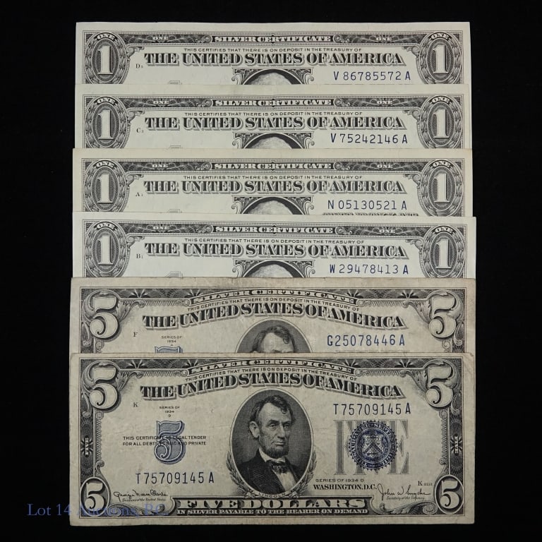 1934 - 1957 USA $1 & $5 Silver Certificates (6): Six (6) United States silver certificates, per consigner, all CH AU to Crisp UNC. as follows: ---$1 silver certificates: --1957, --series 1957A and --1957B (2) (subtotal 4); and ---$5 silver certifica