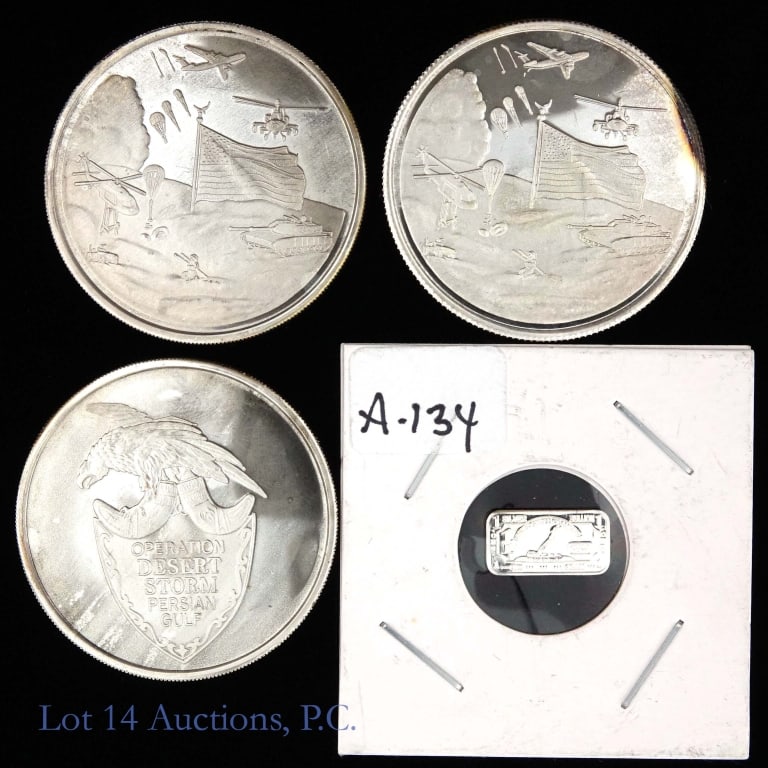 USA Desert Storm / Shield 1 Ozt. Silver Rounds (3): Three (3) United States Desert Storm - Persian Gulf / Desert Shield Saudi Arabia silver rounds. Metal is 99.9% silver and weighs one troy ounce each. BONUS: lot includes wolf 1 gram of 99.9% silver in