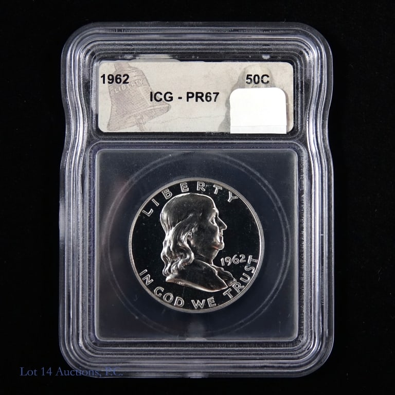 1962 Proof Franklin Half Dollar (ICG PR67): 1962 (P) 90%-silver proof Franklin half dollar (Philadelphia Mint). ICG slabbed and graded as PR67. Lot 14 Auctions has confirmed certification number 4589760787 at ICG's website, but bidders are urge