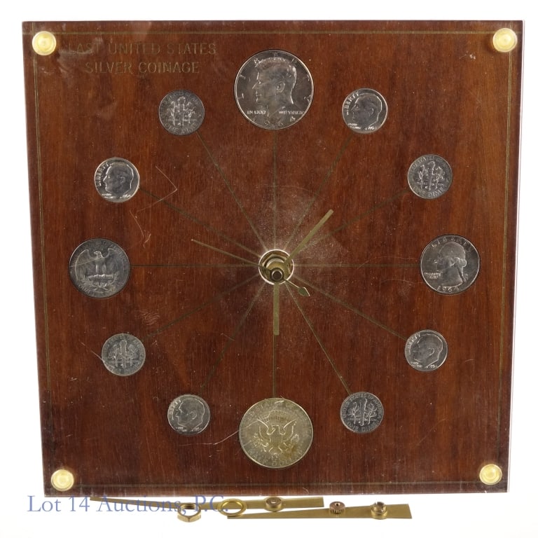 1964 Last USA 90%-Silver Coinage Display Clock: Last United States silver coinage display desk clock with twelve (12) 90%-silver dimes, quarters, and half dollar coins all dated 1964. Metal is 90% silver with estimated actual silver weight of 1.66 