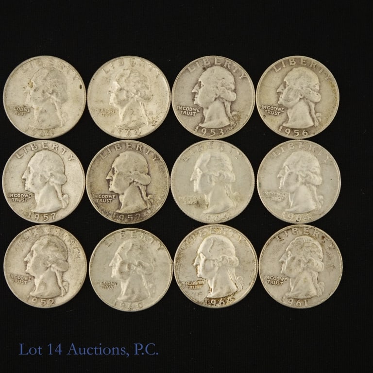 1952 - 1964 USA 90%-Silver Washington Quarters, 12: Ten (10) United States earlier date 90%-silver Washington quarters (Philadelphia, Denver, San Francisco Mints) with estimated actual silver weight (ASW) is 1.9 troy ounces. Dates, mints and select min