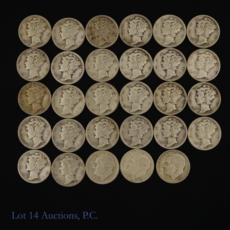 USA 90%-Silver Mercury & Roosevelt Dimes (29): Twenty-nine (29) United States 90%-silver Mercury and Roosevelt dimes. ASW estimate is 2.1 ozt. *** Lot 14 Auctions is not a professional numismatic grading agency. Consigner descriptions are provided