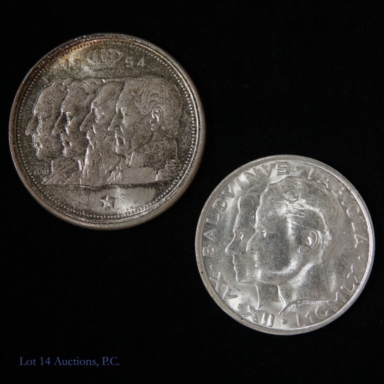 1954 & 1960 83%-Silver Belgium Coins (Gem BU), 2: Two (2) Belgium 83.5%-silver coins per consigner in GEM BU condition as follows: ---1954 silver 100 francs "Four Kings" coin ( KM# 138.1) with toning. Weight: 17.75 grams. Diameter: 33.1 mm. Mintage: 