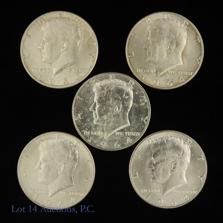 1964-D USA 90%-Silver Kennedy Half Dollar - BU (5): Five (5) 1964-D United States silver Kennedy half dollars (Denver Mint). Designer Gilroy Roberts and Frank Gasparro. Per consigner, in BU condition. Metal is 90% silver and ASW is 0.36169 ozt. each co