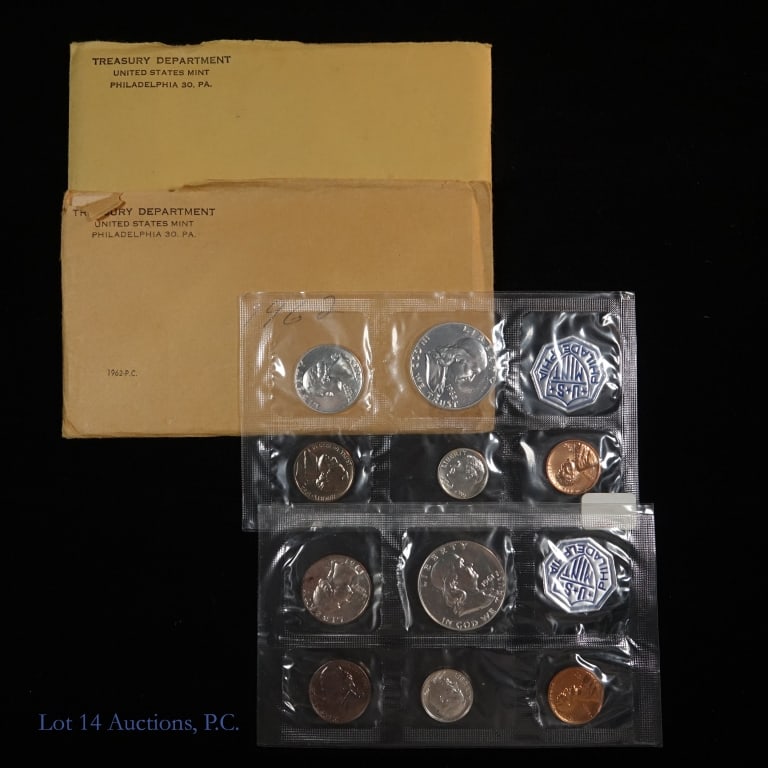 1961 & 1962 U.S. Mint Silver Proof Sets in OGP, 2: 1961 (P) and 1962 (P) United States silver proof sets (Philadelphia Mint). Each set includes a proof cent and nickel, in addition to a 90% silver proof Roosevelt dime, Washington quarter, and Franklin