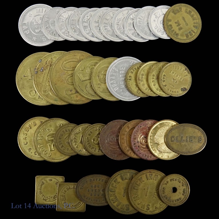 USA Merchant Tokens (+37): Over thirty-seven (37) United States various merchant tokens as follows: ---Shanty Inn 716 n Clark 25c token (1); ---Shamrock Inn 705 n. Clark St. 25c and 5c tokens (3); ---Sky Ride 105 W Van Buren St