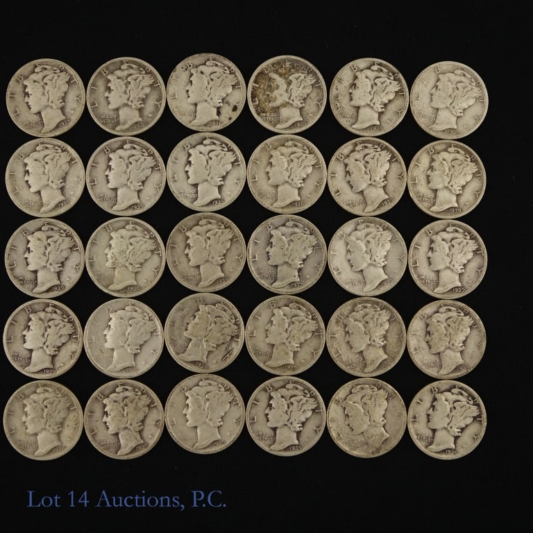 1930s USA 90%-Silver Mercury Dimes (30): Thirty (30) 1930s United States 90%-silver Mercury dimes. ASW estimate is 2.1 ozt. *** Lot 14 Auctions is not a professional numismatic grading agency. Consigner descriptions are provided as a courtes
