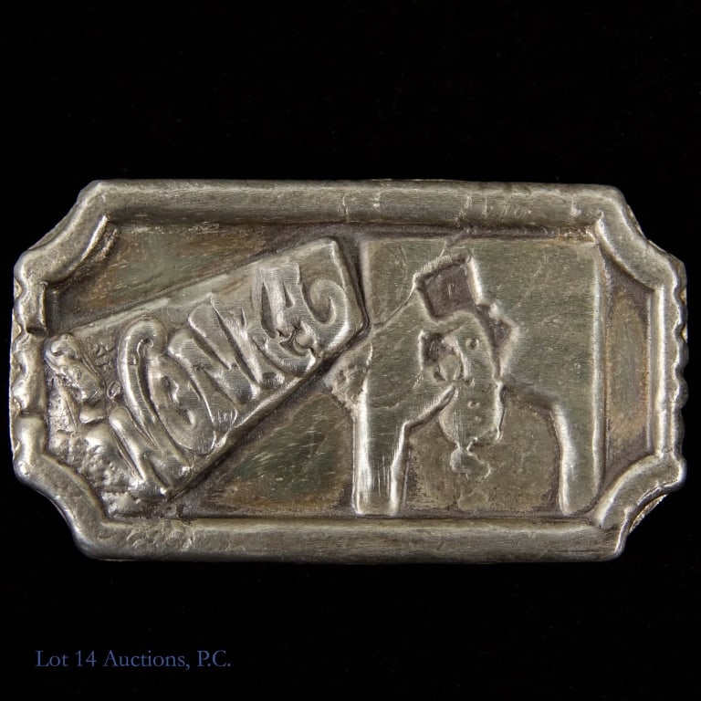 Wonka MK Barz 2.5 Ozt. 99.9% Silver Ingot: Wonka silver ingot (MK Barz). Metal is 99.9% silver and weighs 2.5 troy ounces. Silver content confirmed on Lot 14 Auctions electronic metal verifier and weighs 78.14 grams (2.513 ozt.) on our electro