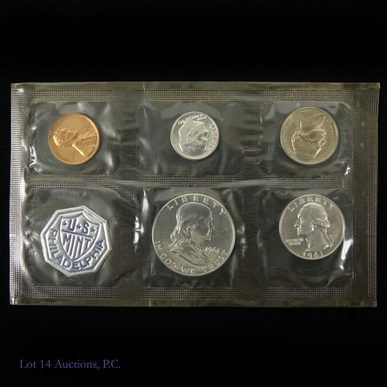 1961 (P) USA 5-Coin Silver Proof Set in OGP: 1961 United States silver 5-coin proof set (Philadelphia Mint) in its original blister pack. Half dollar, quarter and dime metal is 90% silver. Mintage is 3,028,244. *** Lot 14 Auctions is not a profe