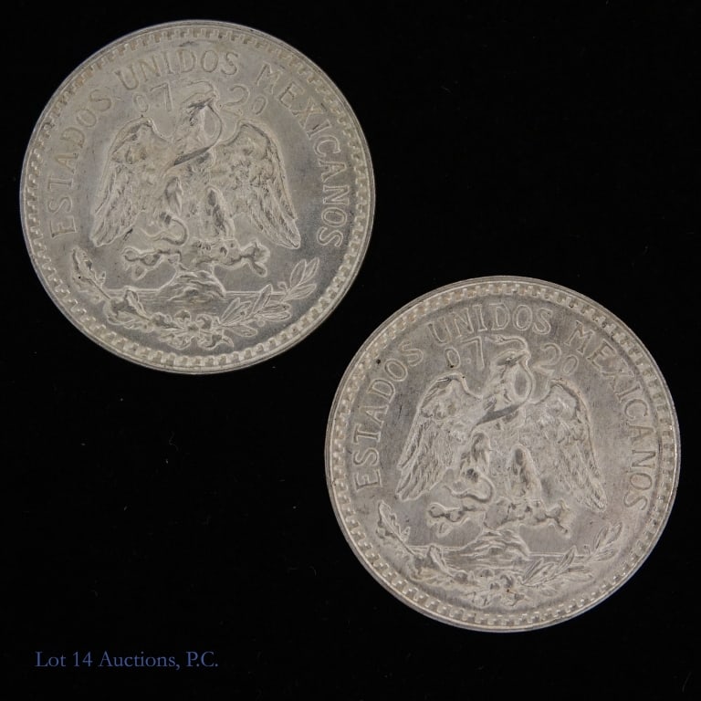 1944m &1945m Mexico 72%-Silver 50 Centavos: Two (2) Mexico 72%-silver 50 Centavos coins (Mexico Mint) Per consigner, both feature fully original surfaces and great luster with dates and condition as follows: ---1944-M (CH BU); and ---1945-M (Ge