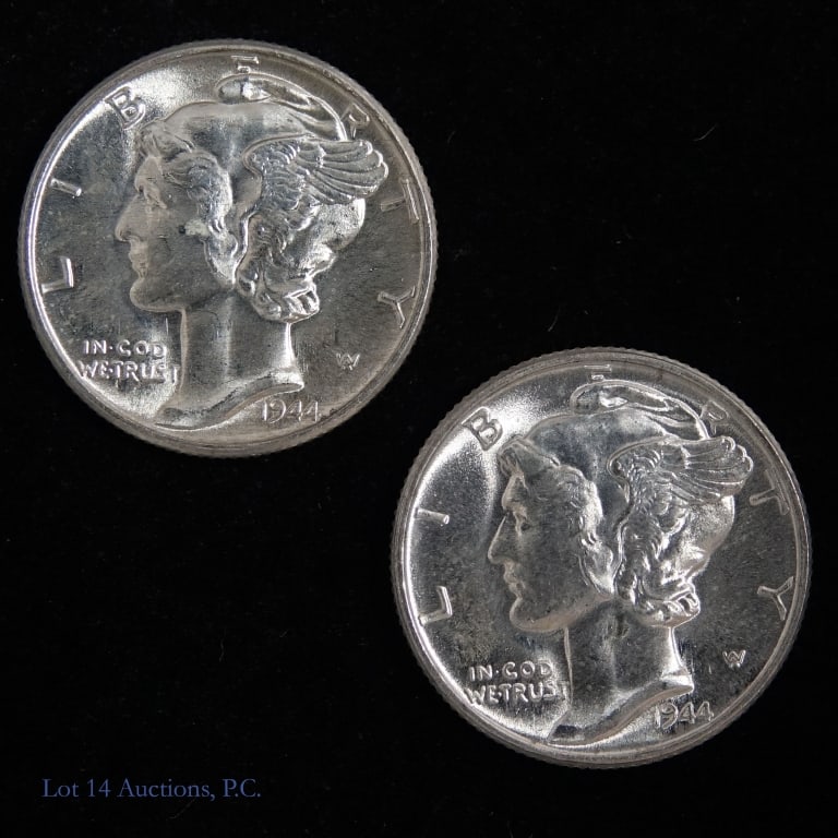 1944 (P) USA Silver Mercury Dimes (2): Two (2) 1944 (P) United States silver mercury dimes (Philadelphia Mint). Per consigner, one is CH BU and the other is Gem BU. Per consigner, both are from original rolls. *** Lot 14 Auctions is not a 