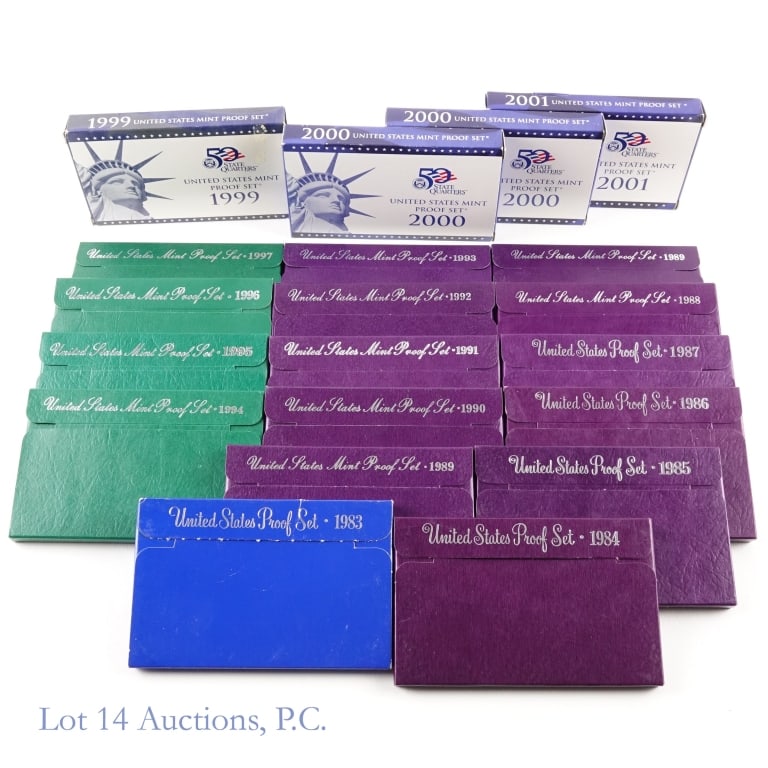 1983s - 2001s U.S. Mint Clad Proof Sets (20): Twenty (20) United States various clad 5, 6, 9 and 10 coin proof sets (San Francisco Mint) in OGP, per consigner, properly stored since purchased as follows: ---1983-s; ---1984-s; ---1985-s; ---1986-s