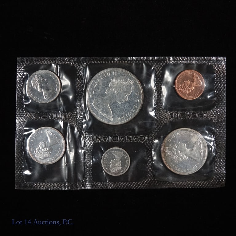 1965 Canada Silver 6-Coin P/L Mint Set: 1965 Canada silver proof like 6 coin mint set (Royal Canadian Mint). Comes in original government blister pack. Per consigner, coins are all proof like. *** Lot 14 Auctions is not a professional numis