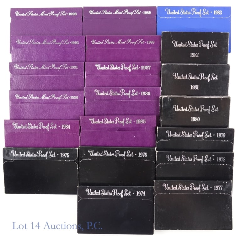 1974-s - 1993-s U.S. Mint Clad Proof Sets (20): Twenty (20) United States Mint clad proof sets (San Francisco Mint) in OGP. "Proof" describes the method of manufacture which produces sharp detail, high wire edge and extremely brilliant mirrorlike s