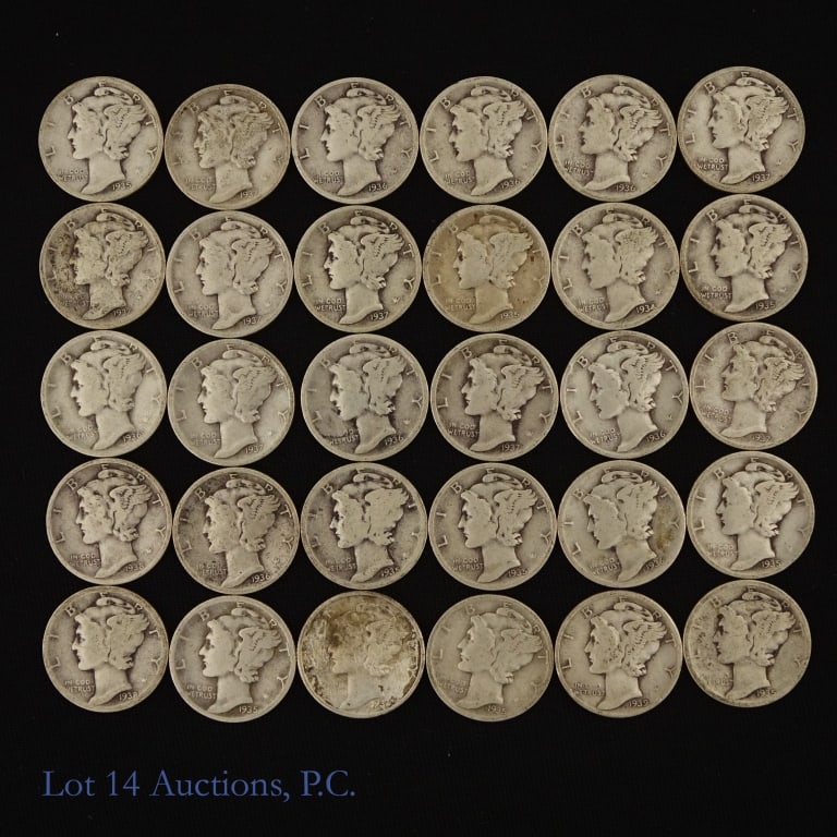 1930s USA 90%-Silver Mercury Dimes (30): Thirty (30) 1930s United States 90%-silver Mercury dimes. ASW estimate is 2.1 ozt. *** Lot 14 Auctions is not a professional numismatic grading agency. Consigner descriptions are provided as a courtes