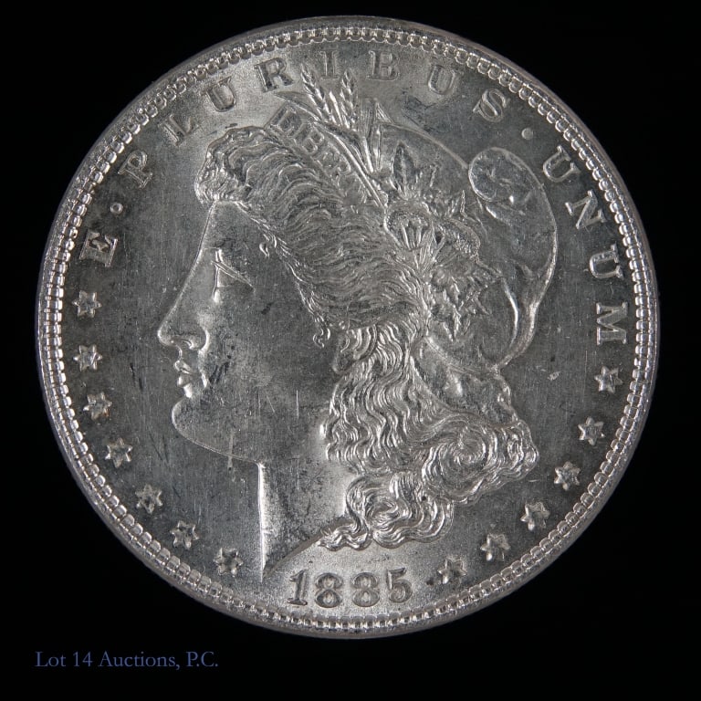 1885 (P) USA Silver Morgan Dollar (CH BU): 1885 (P) United States silver Morgan dollar (Philadelphia Mint). Per consigner, in CH BU condition with clean cheek and good luster. Metal is 90% silver (confirmed by our electronic tester) and weighs