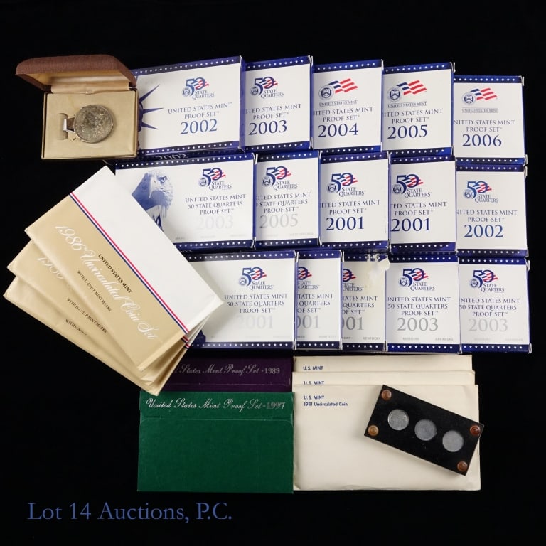 Various USA Coins, Mint & Proof Sets (24): Twenty four (24) United States various coins, mint and proof sets as follows: ---1921 silver Morgan dollar on tie clasp; ---1943 P,D,S Lincoln steel wheats 3-coin set; ---1981 P,D,S unc. mint 12-coin 