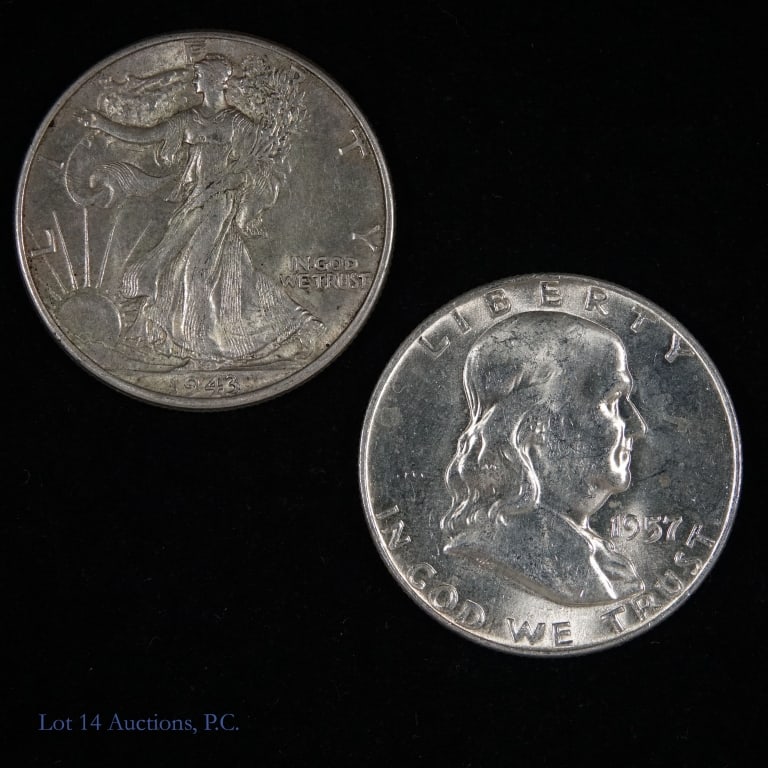 1943p USA W.L. & 1957d Franklin Half Dollars (2): Two (2) United States 90%-silver half dollars (Philadelphia, Denver Mints)with consigner information as follows: ---1943-(P) walking liberty half dollar in AU condition with subdued original luster; a