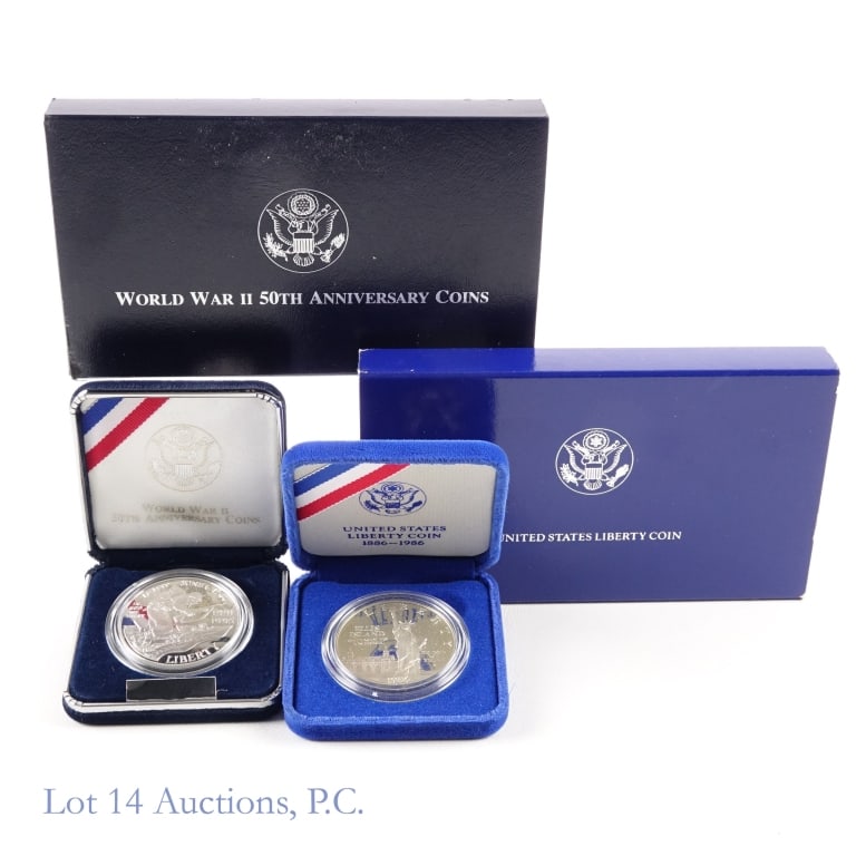 1986-S & 1993-WP USA 90%-Silver Proof Com $1 (2): Two (2) United States Mint silver proof commemorative dollars (San Francisco, West Point Mints) in OGP with COA. Metal is 90% silver, weighs 26.73 grams, and diameter 38.1 mm each. Details as follows: