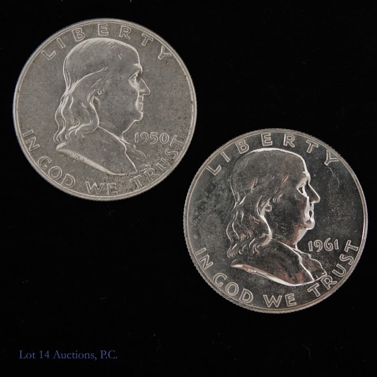 1950 & 1961 USA 90%-Silver Franklin 50c (2): Two (2) United States 90%-silver Franklin half dollars (Philadelphia Mint) with consigner condition information as follows: ---1950 (P) in XF-AU condition; and ---1961(P) proof, has some dark stains n