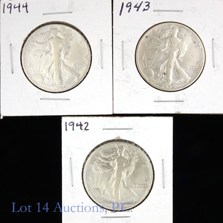 1942 - '44 USA 90%-Silver W/L 50c (3): Three (3) United States silver walking liberty half dollars (Philadelphia Mint). Metal is 90%-silver and weighs 12.50 grams each. Estimated total ASW 1.0 troy ounce. Dates as follows: ---1942; ---1943
