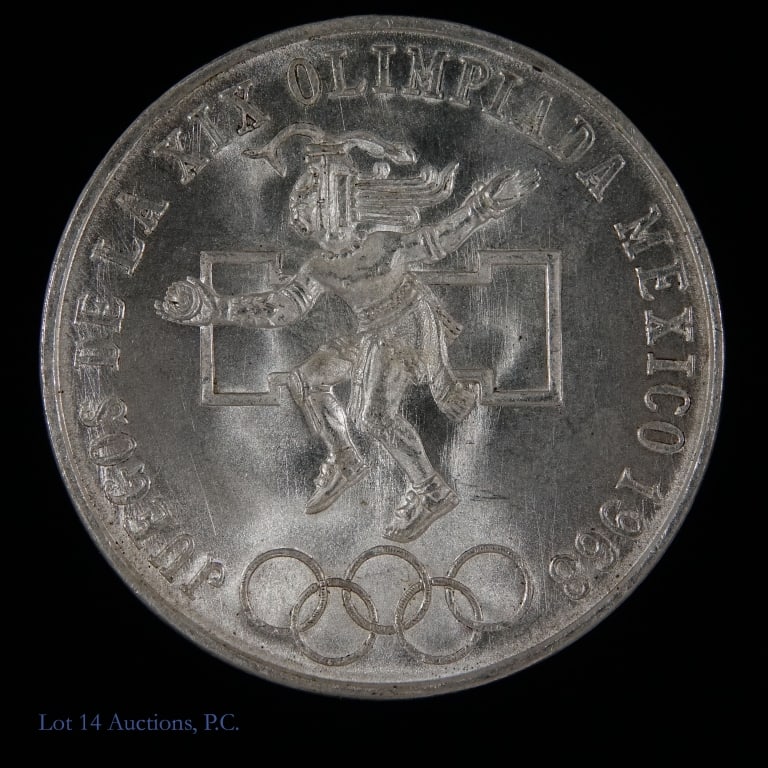 1968 Mexico Olympics 25 Peso Silver Coin: 1968 Mexico silver 25 peso summer Olympic games commemorative coin. Per consigner, in Gem BU condition with amazing original surfaces. Metal is 72% silver and weighs 22.50 grams. *** Lot 14 Auctions i