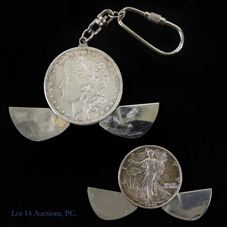 USA 90%-Silver Coin Knife Key Chains (2): Two (2) knife-key chain and silver coins as follows: ---1900-o 90%-silver Morgan dollar (weighs 35.56 grams with chain); and ---1943 (p) 90%-silver walking liberty half dollar (weighs 21.66 grams with
