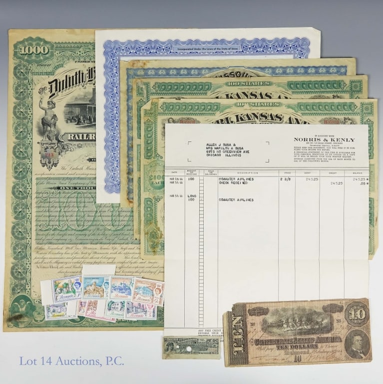 Stocks, Bond Currency & Stamps (+12): Over twelve (+12) various historic stock certificates, currency and stamps as follows: ---1864 $10 Confederate States of America note missing portion of note's upper right corner. In fragile condition